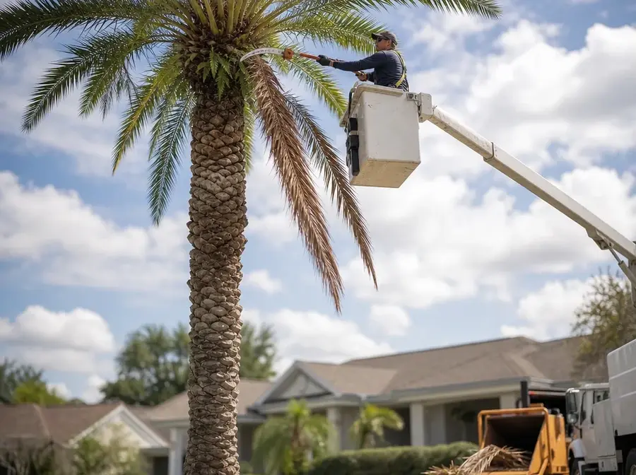 Worker in a bucket lift trimming dead fronds from a tall date palm