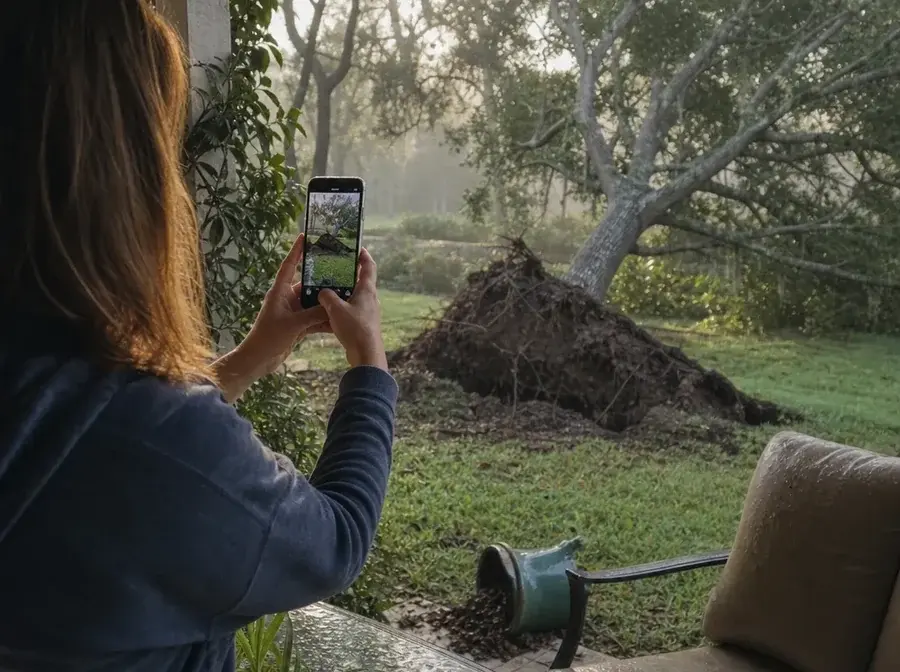 Homeowner photographing an uprooted tree in the yard after a storm