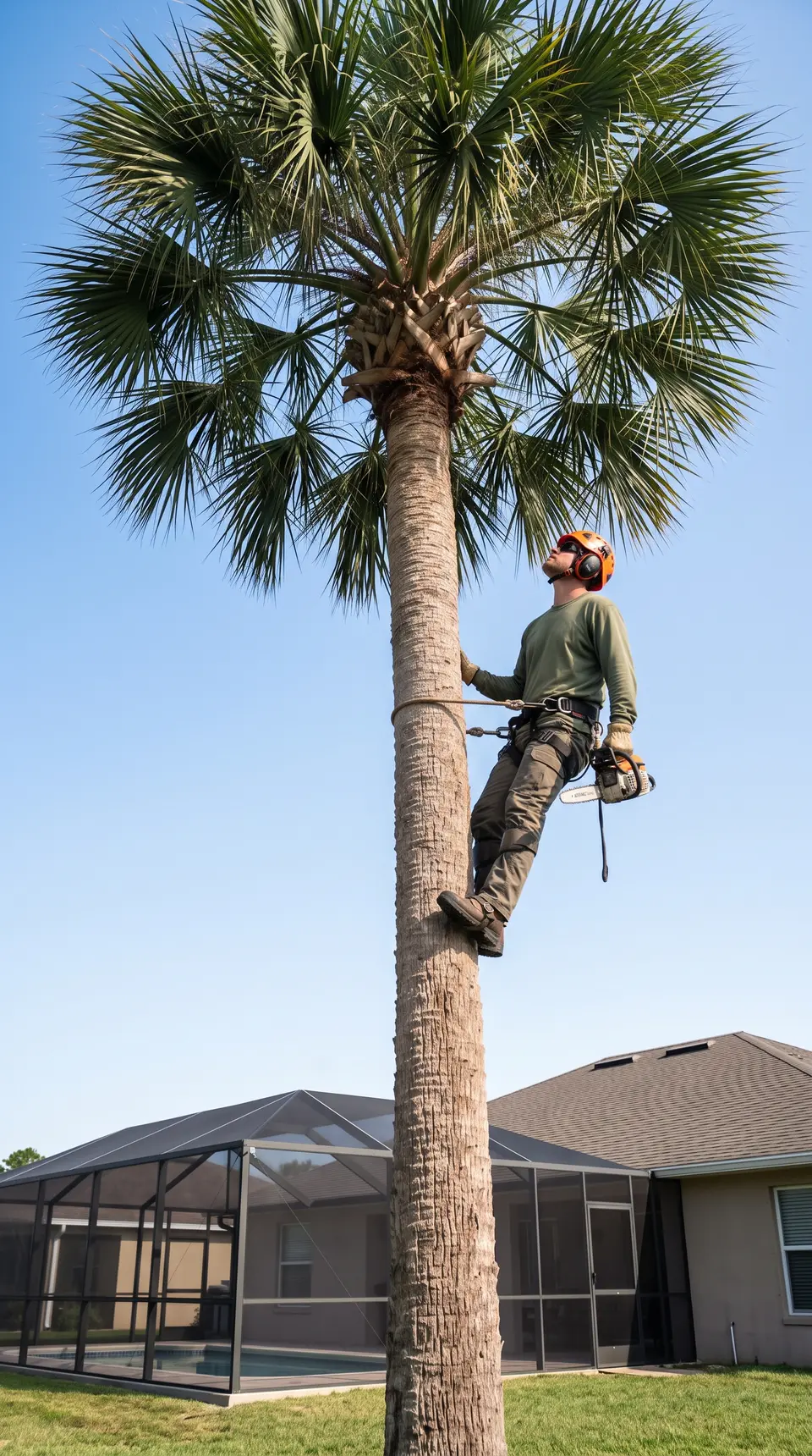 Tree climber in a helmet and harness lowering a dead frond on a rope from a sabal palm